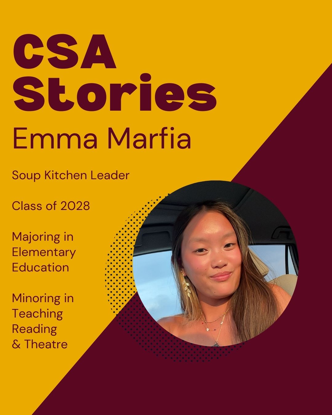 CSA Story Header for Emma Marfia; a selfie image of her on a maroon and gold background